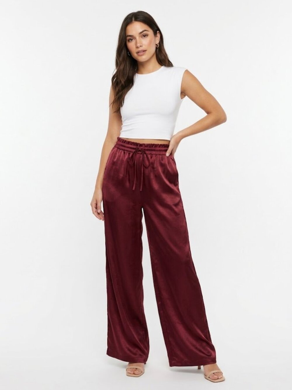 Burgundy Satin Wide-Leg Drawstring Lounge Pants